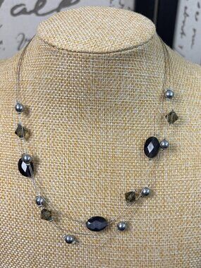 Lia Sophia Gray Faux Pearl, Black & Smoky Crystal Wire Illusion Necklace Vintage